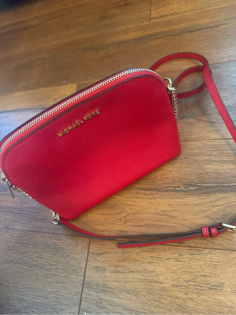 Michael Kors Red Saffiano Crossbody Camera Bag with Chain Detail